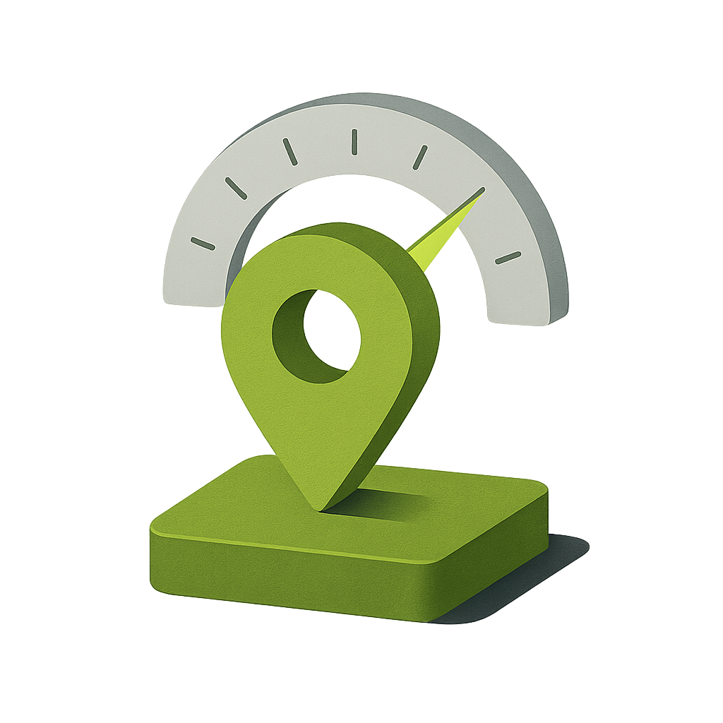 Static IP location pin embedded in a plateau with a speedometer dial behind