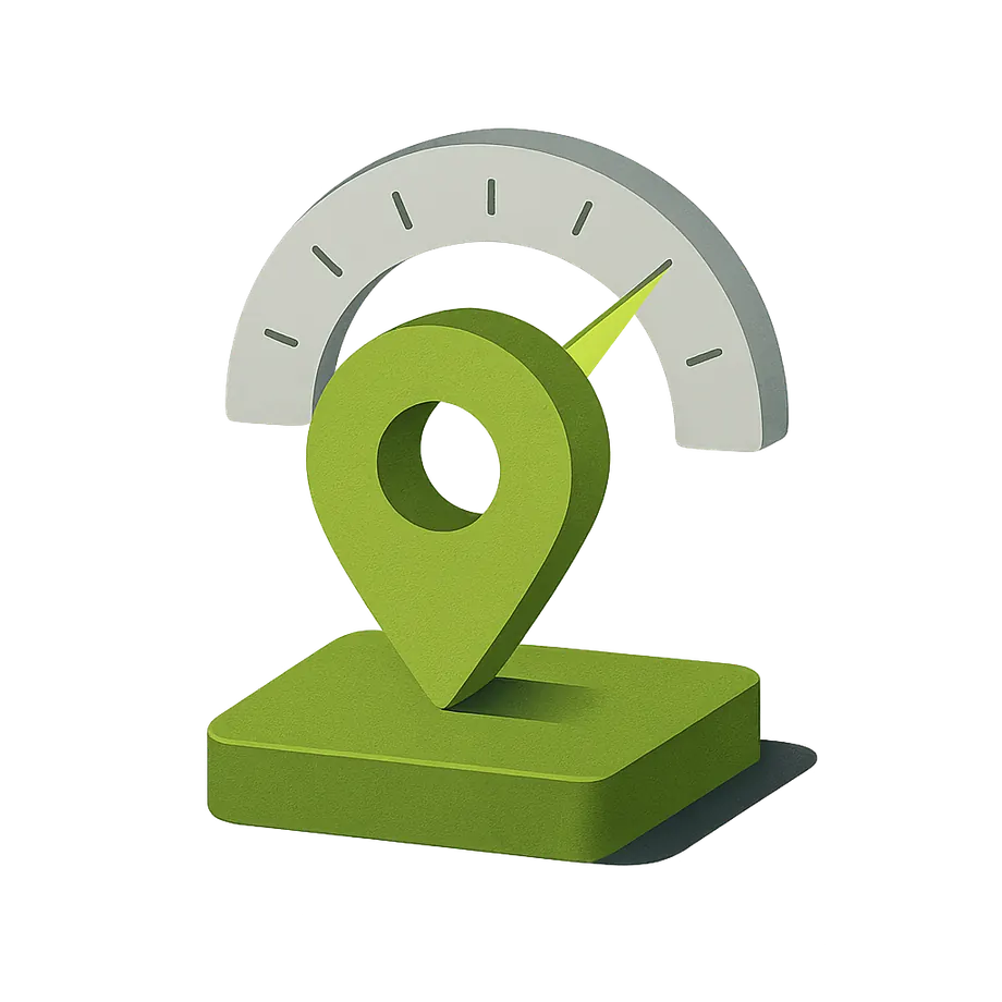 Static IP location pin embedded in a plateau with a speedometer dial behind