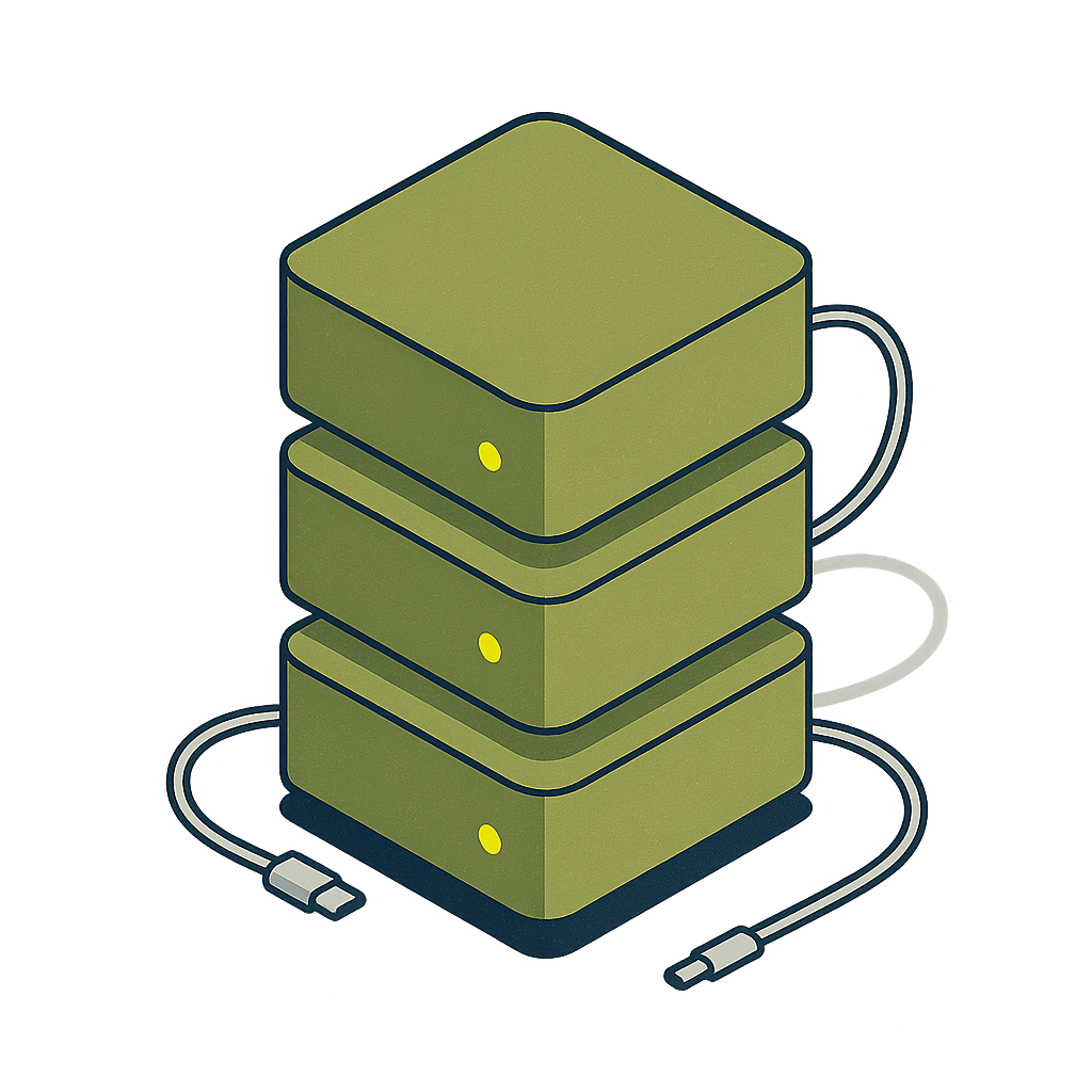 Stack of three small dedicated compute units with cabling