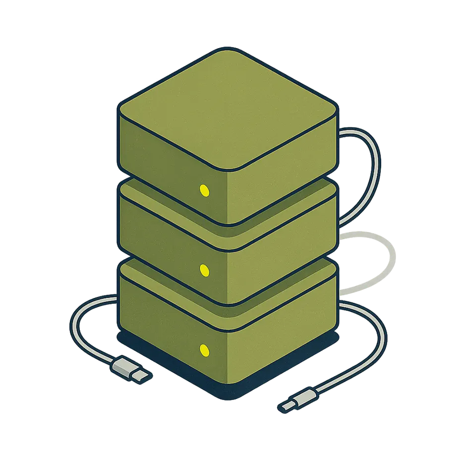 Stack of three small dedicated compute units with cabling