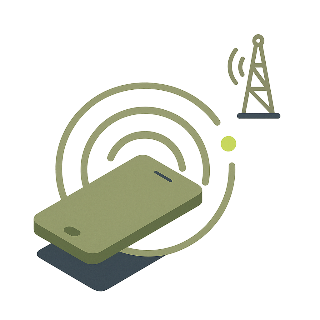 Smartphone with radio waves connecting to a carrier tower