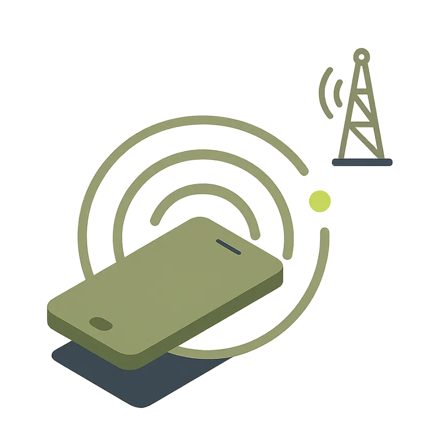 Smartphone with radio waves connecting to a carrier tower