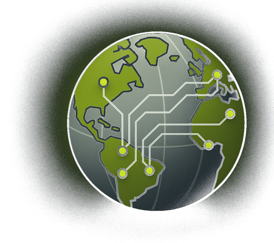 Stylized globe with proxy nodes connected by circuit traces across continents