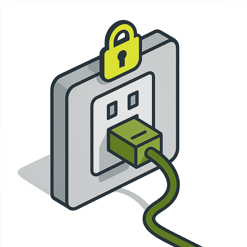 Wall outlet with locked plug indicating static IP