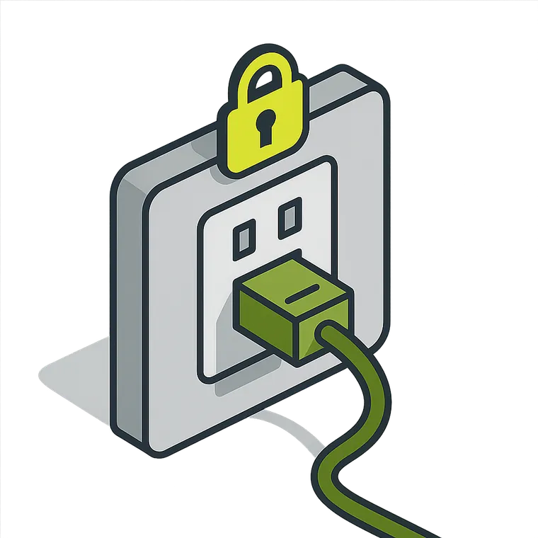 Wall outlet with locked plug indicating static IP