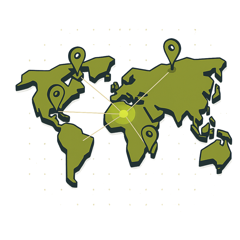 World map with country-pin markers showing routing fanout