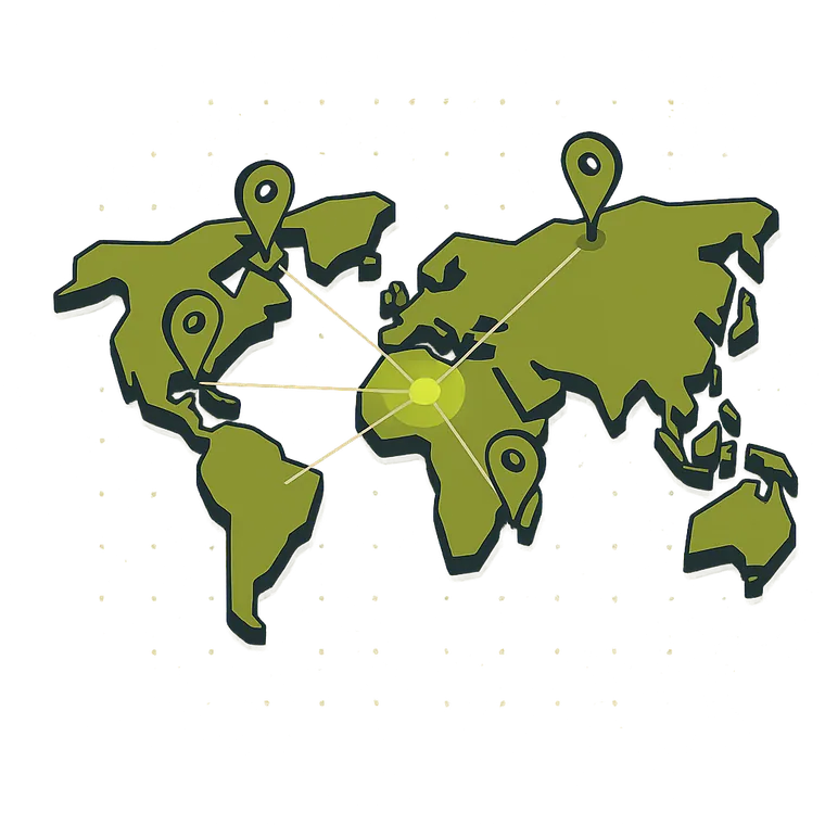 World map with country-pin markers showing routing fanout