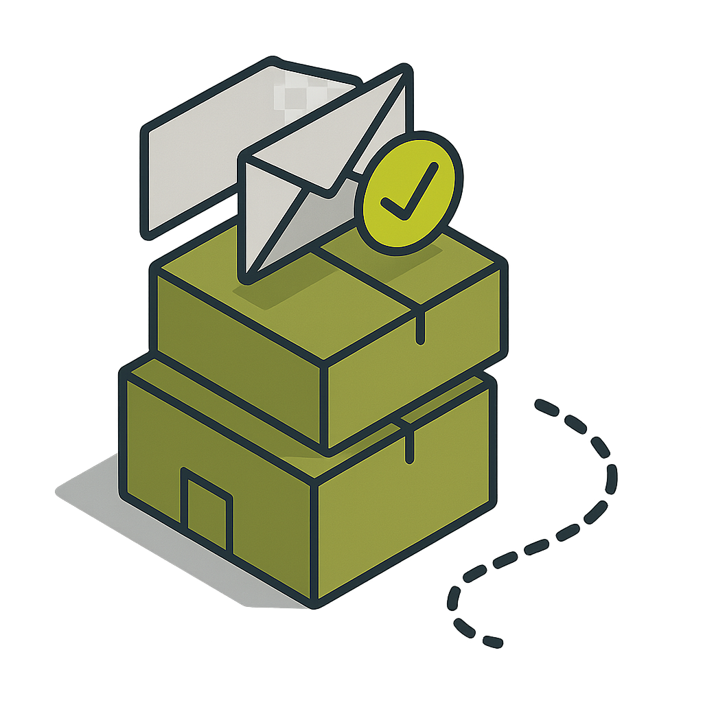 Stack of parcel boxes with envelopes and route line