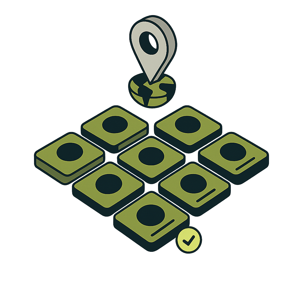 3x3 grid of social posts with location pin and verified checkmarks