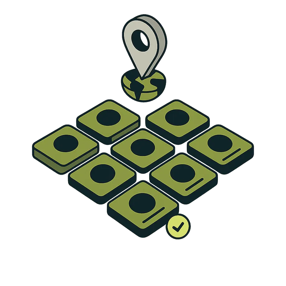 3x3 grid of social posts with location pin and verified checkmarks
