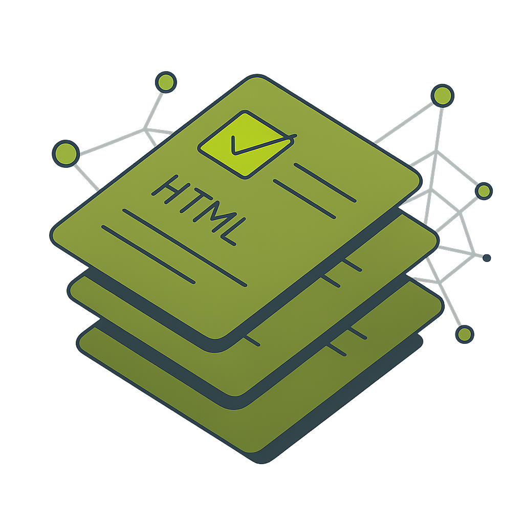 Stack of HTML document cards with extracted data points
