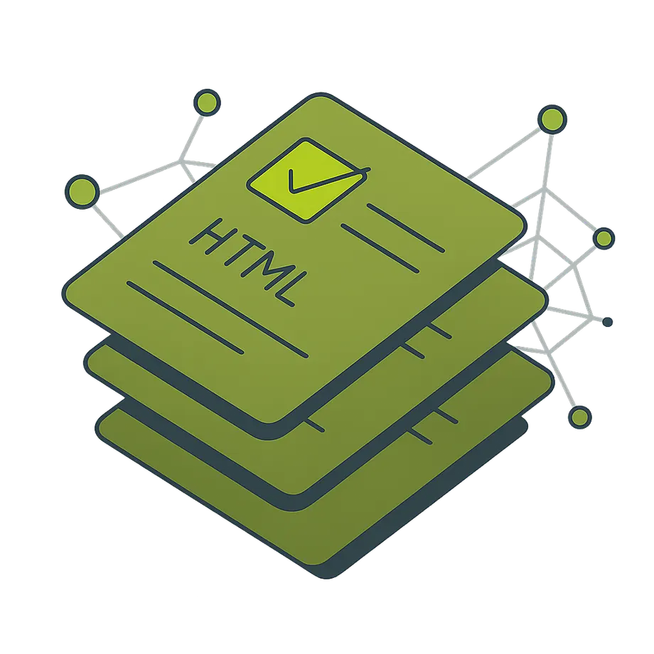 Stack of HTML document cards with extracted data points